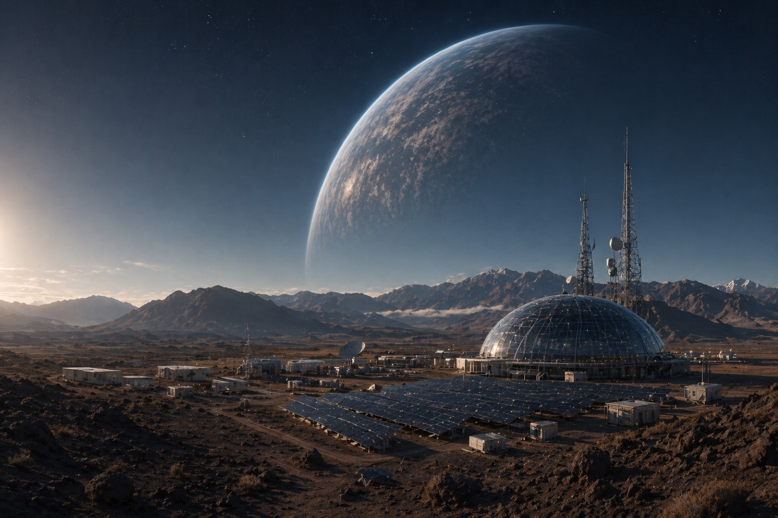 A speculative rendering of an autonomous off-world settlement: a large planet rising over a crater horizon, a rocket ascending from a tower marked with the Apik A, a habitat dome and articulated robotic manipulator in the foreground, solar arrays and a sprawling lit city in the mid-ground.